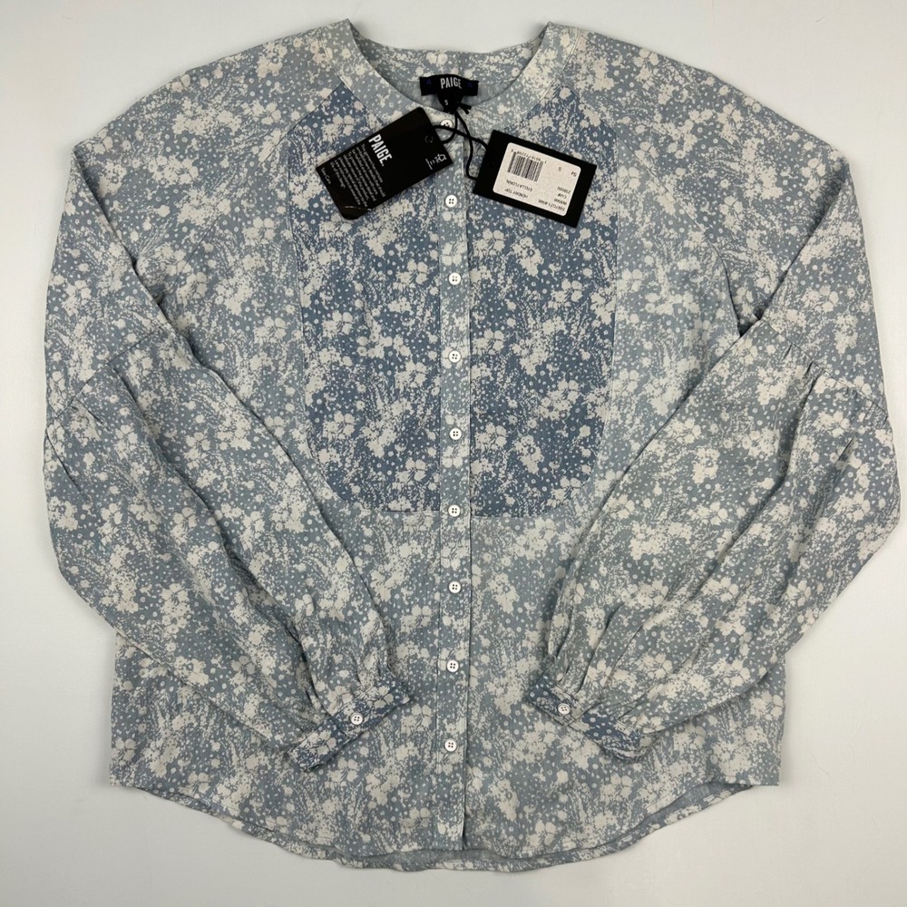 Paige Hendry Top Stella Floral Blue White Tencel Button Front Blouse Small NEW